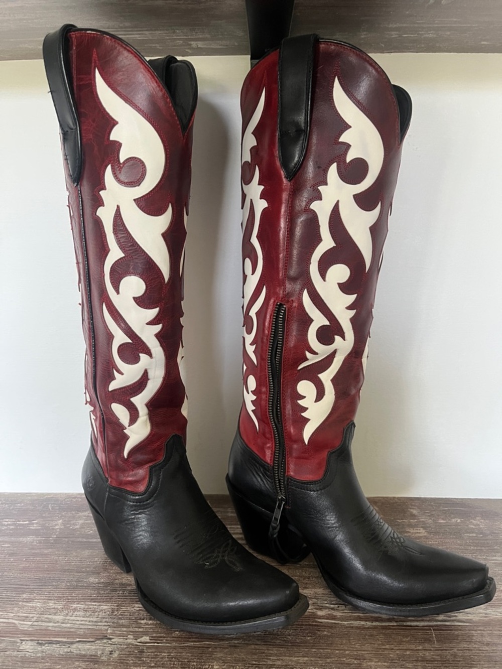 Ariat Black and Burgundy Knee-High Western Boots with Cream Inlay